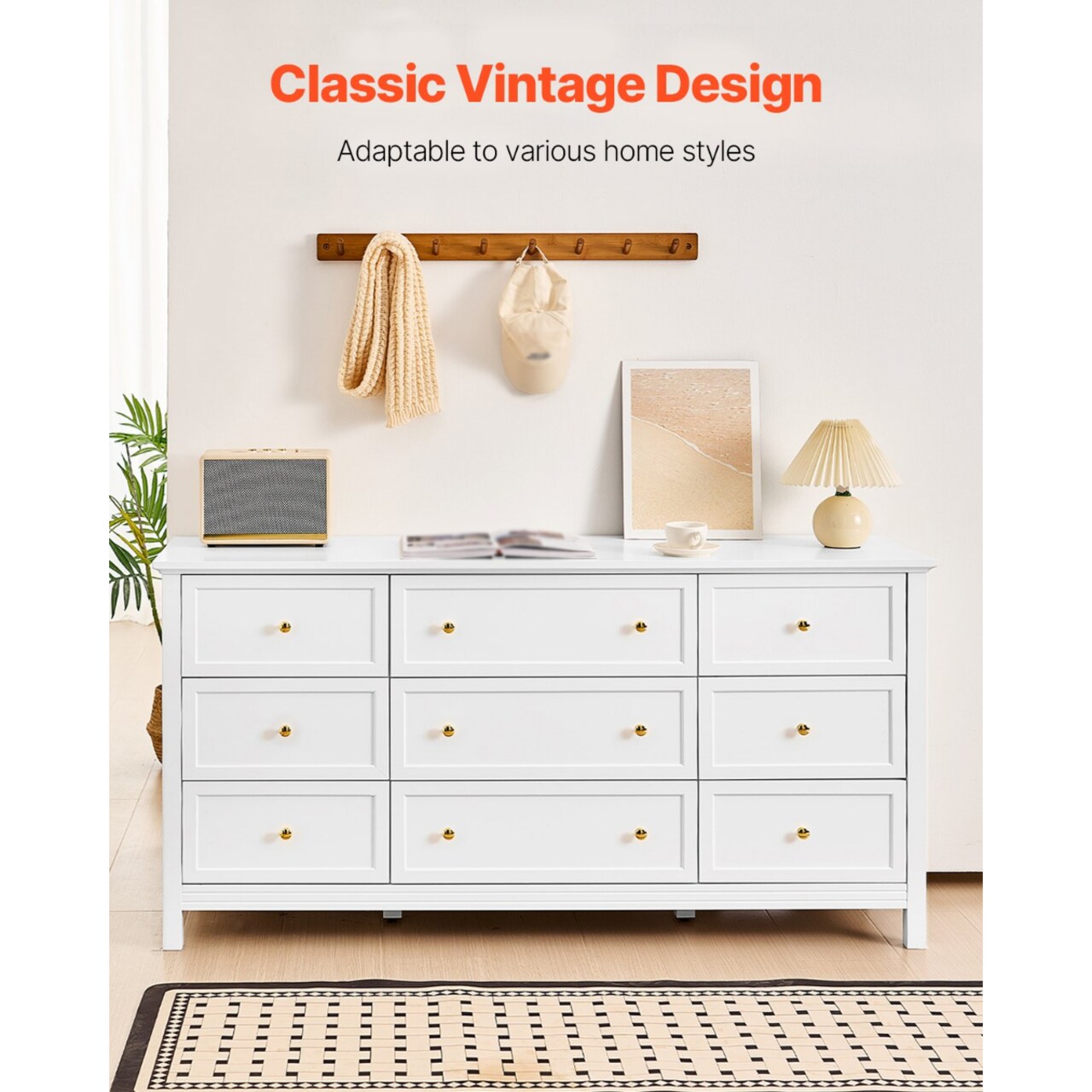 9 Drawer White Wooden Dresser Retro Minimalist Chest for Bedroom
